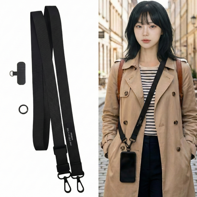 루나로즈 핸드폰 스트랩 길이조절 와이드, 1개, 블랙