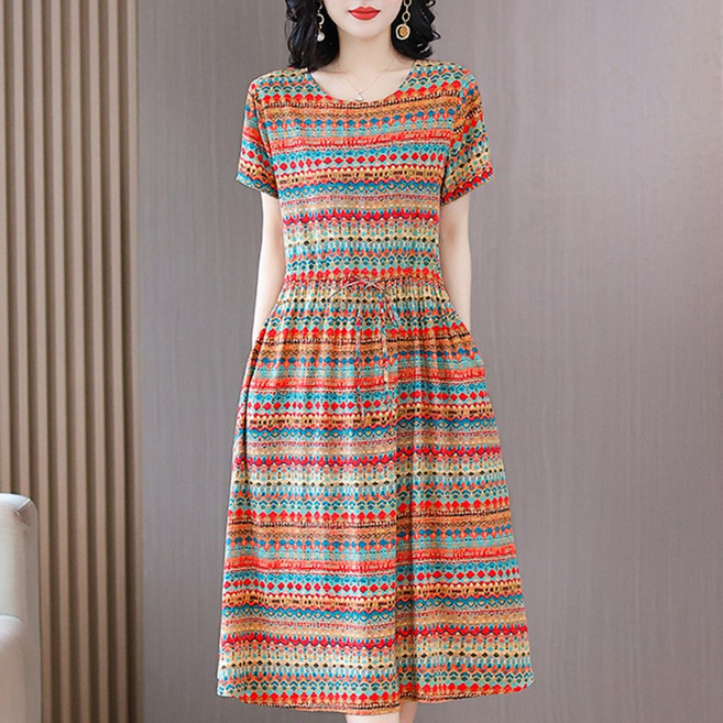 DIU 中老年女棉綢連衣裙40-50歲媽媽裝夏季短袖寬鬆中長款棉裙子