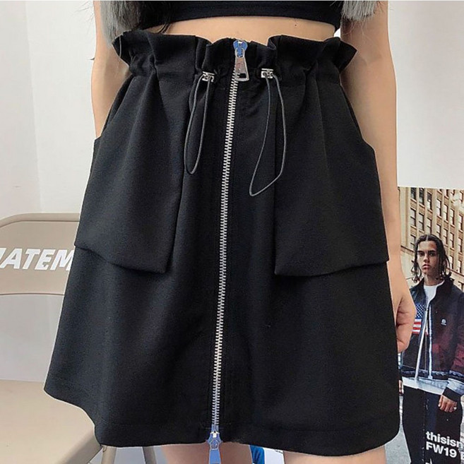 ROYALBELLE 여성 하이웨스트 셔링 스트링 지퍼 포켓 프릴 숏 스커트 T06031008