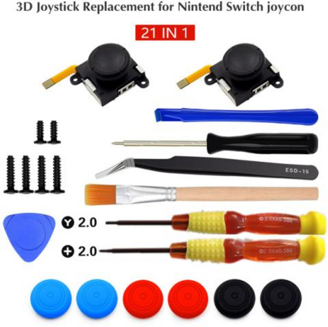 조이콘 조이스틱 교체용 픽스 드리프트 닌텐도 스위치 컨트롤러 및 라이트 4 팩, 한개옵션1, 없음, 3) 21IN1