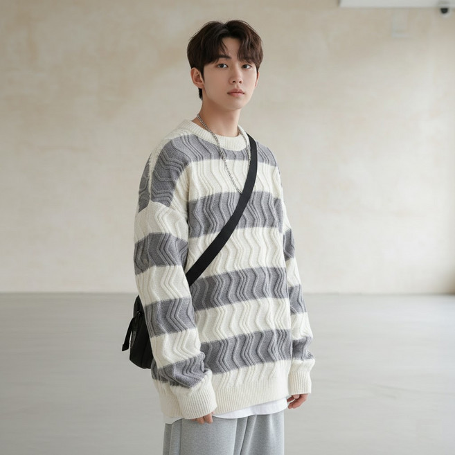 도쿠맨 스트라이프 남성 라운드 니트 스웨터 M~2XL