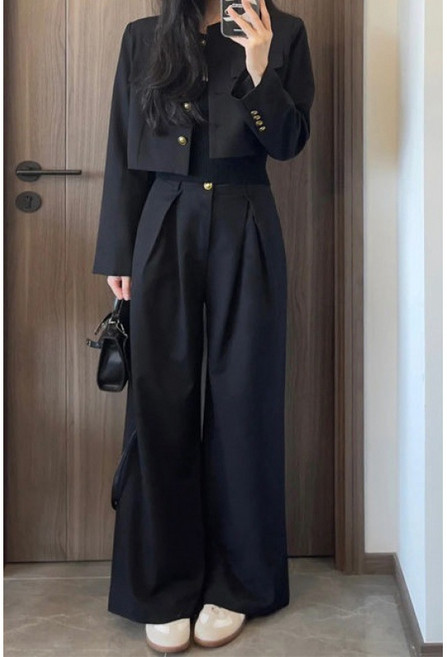 SAHINER 가을 여성 크롭자켓 하이웨스트 와이드 슬랙스 투피스세트 오피스룩 LBTZ10