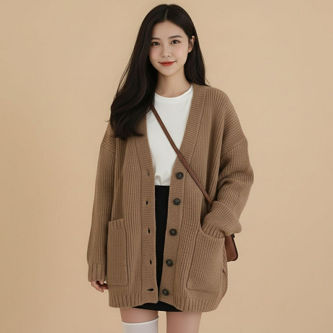 오스틱니 초특가 여성용 봄가을 루즈핏 브이넥 니트 가디건