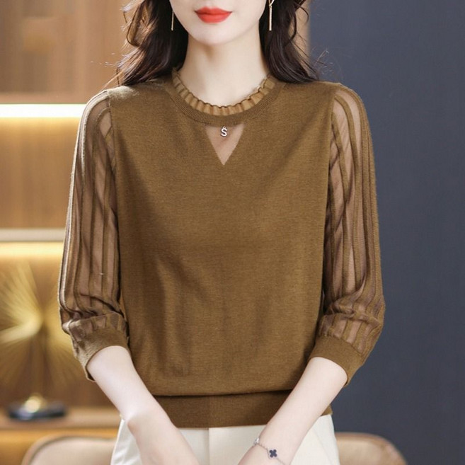 봄여름 여성 칠부 티셔츠 기질 엄마 이너 티셔츠 캐주얼 레이스 라운드 얇은 니트 상의 여자 아우터 WMY