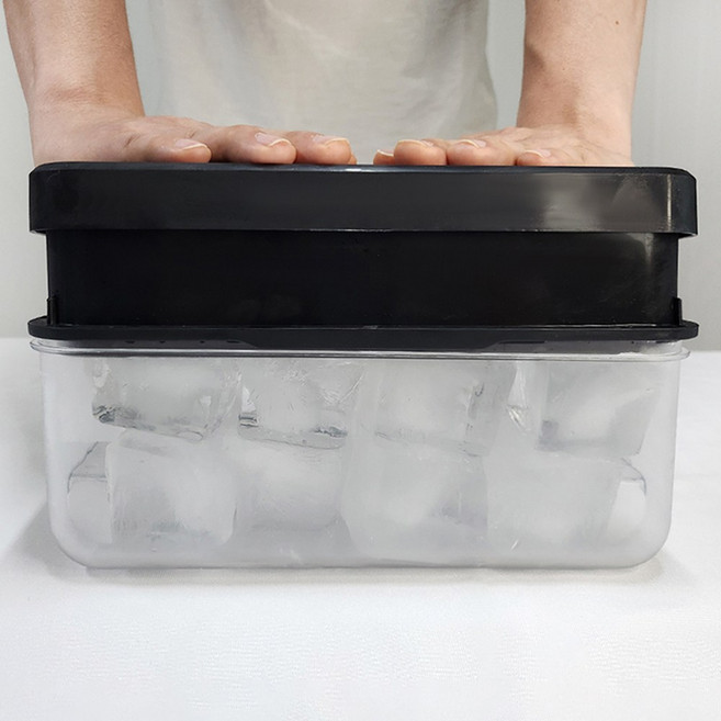 페어홈 원터치 실리콘 푸쉬 빅사각 하이볼 왕얼음트레이 보관통+얼음집게 세트, 2단, 블랙, 1개