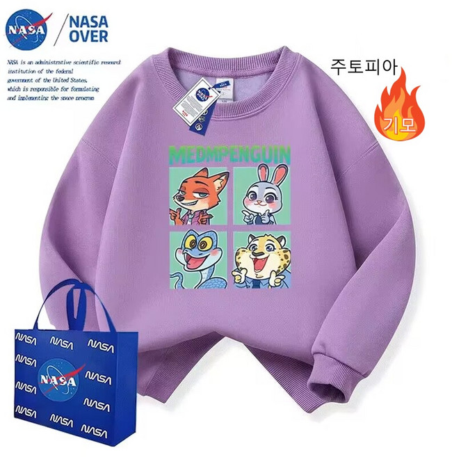 NASA 연명 주토피아 프린트 어린이 맨투맨 겨울 신상품 기모 남녀 어린이 순면 라운드 패션 귀여운 상의 Judy Nick S891