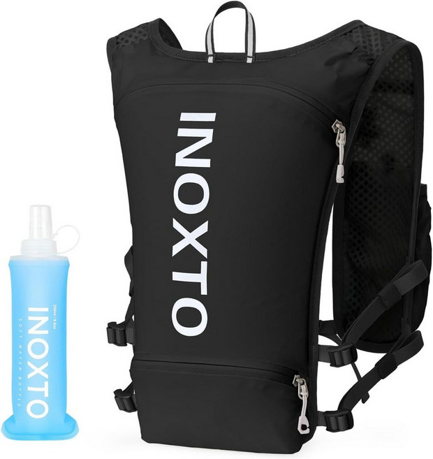 INOXTO 러닝 하이드레이션 조끼 하이킹 트레일 사이클링 레이스 마라톤을 위한 250ml 소프트 플라스크 데이팩이 포함된 경량 단열 팩, Black, Standard