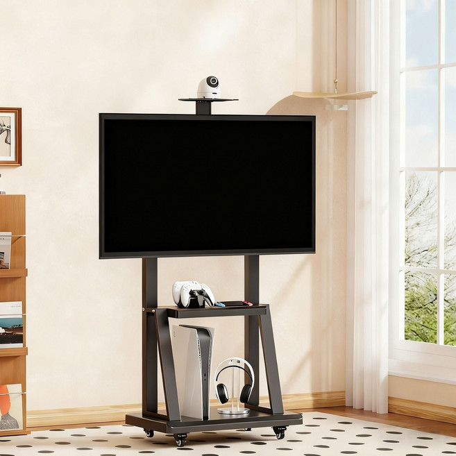 Tixpra 이동식 티비 스탠드 거치대 32-75인치 2단 선반 스테인리스강관, 1개, 블랙