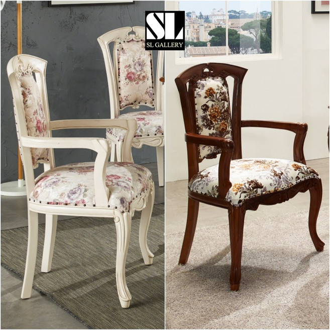 SL겔러리 로사노 2색 아이보리 엔틱 마호가니의자 꽃무늬 패브릭 팔걸이, 1개