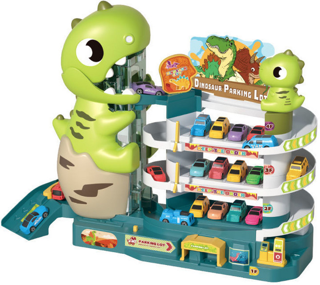 Homkey 恐龍停車場玩具組 多層停車位 自動升降 附多款小汽車, 1套