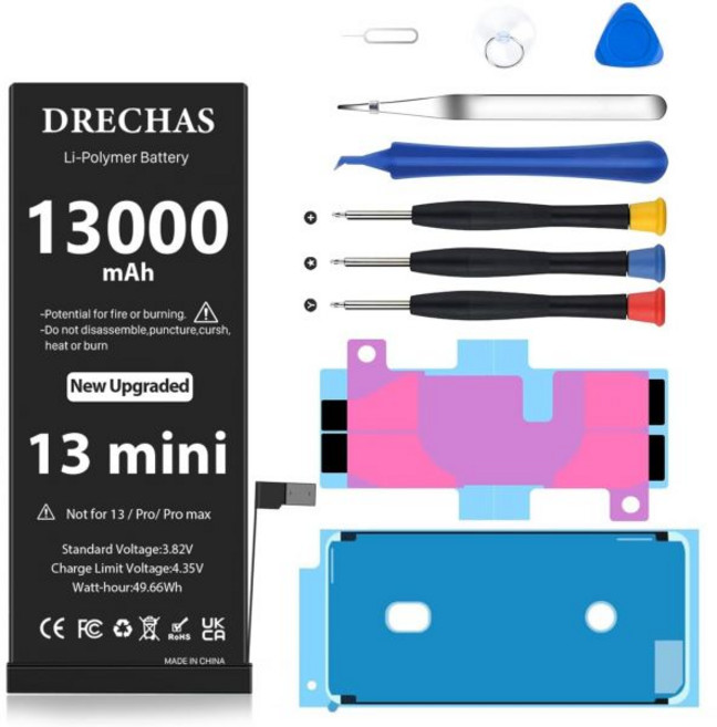 [13000mAh] iPhone 13 Mini용 배터리 Mini 모델 A2628 A2481 A2626 A2629 A2630용 업그레이드된 용량 0사이클 리튬폴리머 교체