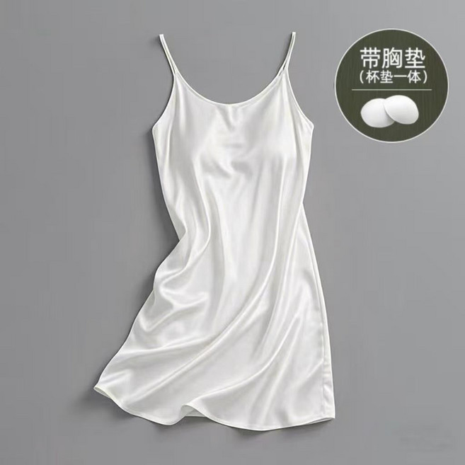 胸墊吊帶睡裙 夏季絲綢仿真絲家居服, 1個, 88#白色（帶胸墊1條裝）4XL 建議140-160斤