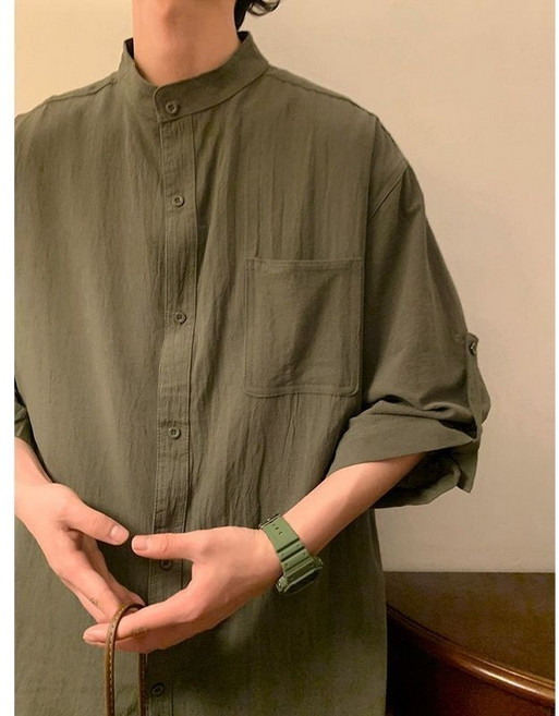 軍綠色無領襯衫男棉麻新中式國風漢服唐裝中山裝外套七八分袖夏季