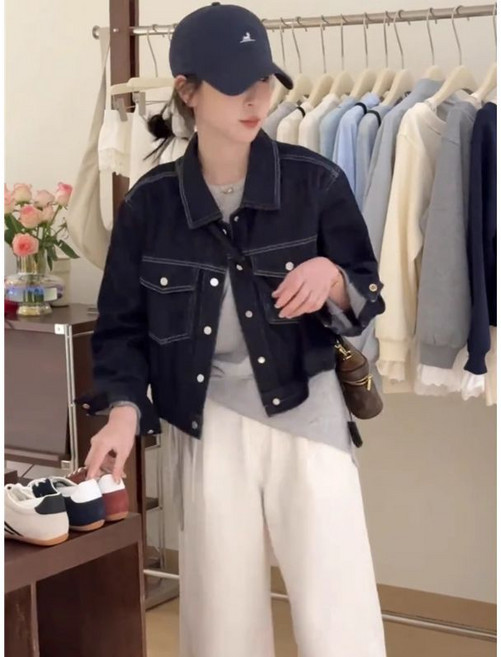 韓版復古深藍色牛仔外套女裝 春季新款慵懶風短款寬鬆夾克上衣