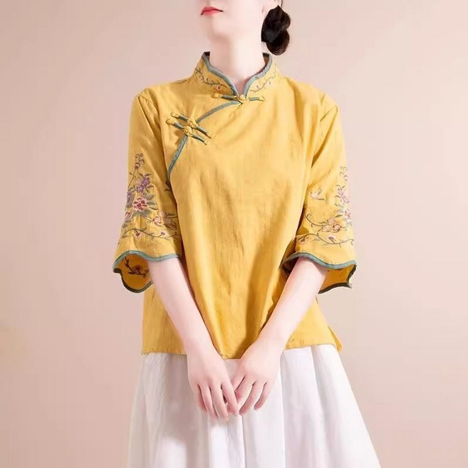 中國風繡花盤扣改良旗袍上衣 文藝復古斜襟寬鬆茶服