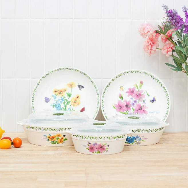 렉스퀸 8P 전자렌지 오븐 도자기 덮개포함 그릇 접시 세트, 1세트