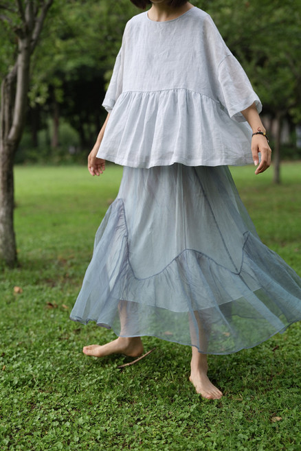 【真絲拼接】魚尾半身裙 半身裙 紗裙 真絲裙 春夏裙 不規則裙 桑蠶絲面料 綃紗拼接 中長款 文藝復古 飄逸顯瘦