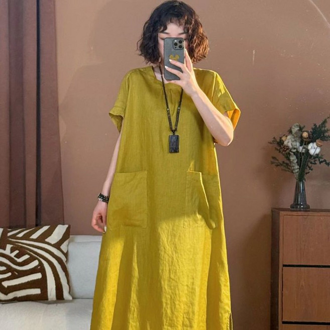 여성 면 마 원피스 봄 여름 빈티지 라운드넥 솔리드 치마 여자 루즈핏 일자 린넨 반팔 원피스 빅사이즈 WMY