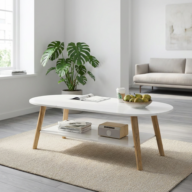 핑크주 거실 리빙 선반 라운드 테이블, 마블화이트