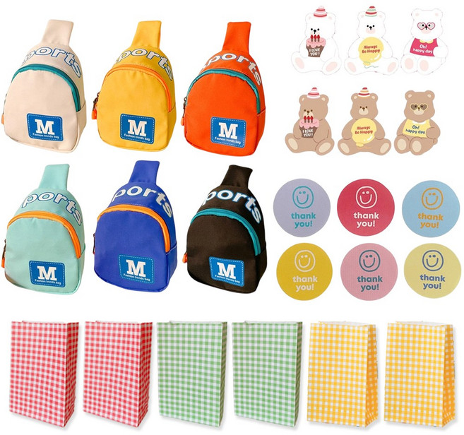 키즈 유아 슬링백 크로스백 (포장봉투 스티커 포함) 어린이집 유치원 생일 선물 답례품 구디백, 6개, 혼합