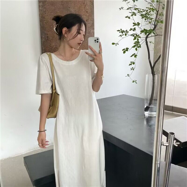 뒷리본 체인 반팔원피스 공주풍 옆트임 여성 롱원피스 편하게 좋은원단 우아한 여성의류 원피스 ~4xl까지 3컬러