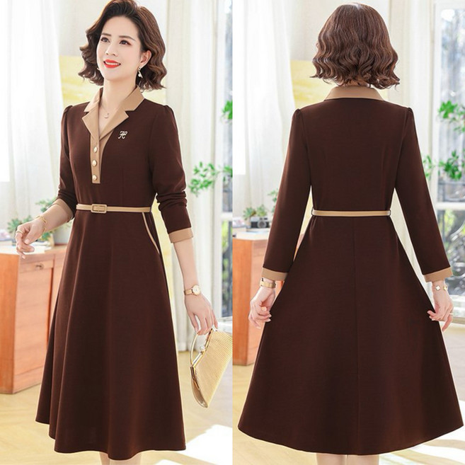 에쥬아 중년여성 브이넥 긴팔원피스 배색 카라넥 정장원피스 빅사이즈 하객룩