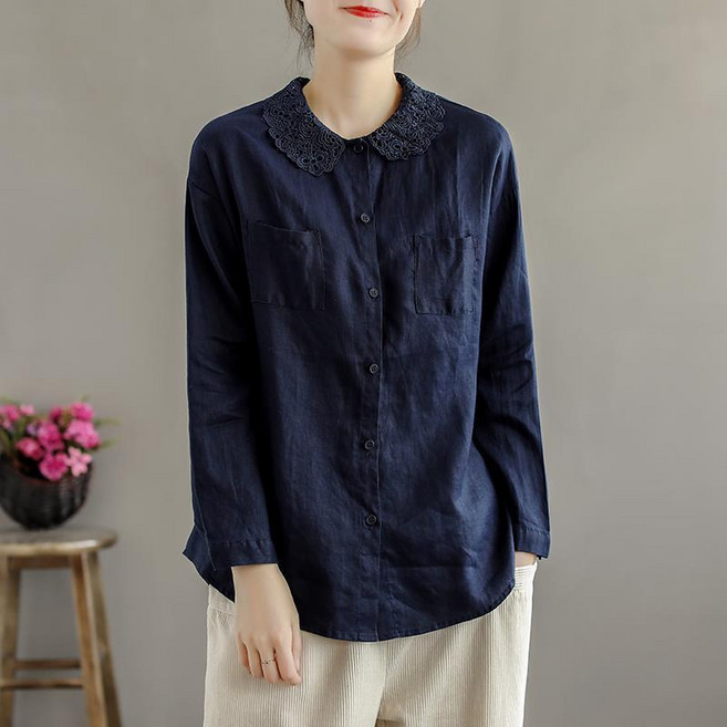 Makone 여성 레이스 트리밍 칼라 셔츠 빈티지 루즈핏 빅사이즈 캐주얼 솔리드 블라우스 이너