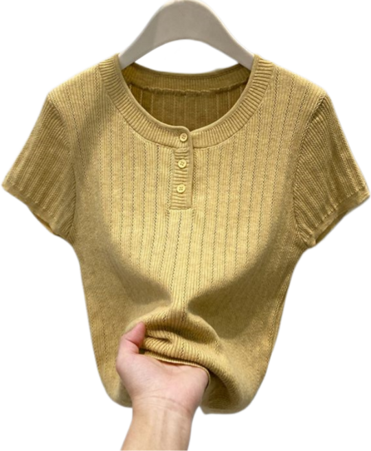 Makone 여성 라운드넥 반버튼 얇은 베이직 반팔 풀오버 니트 티셔츠