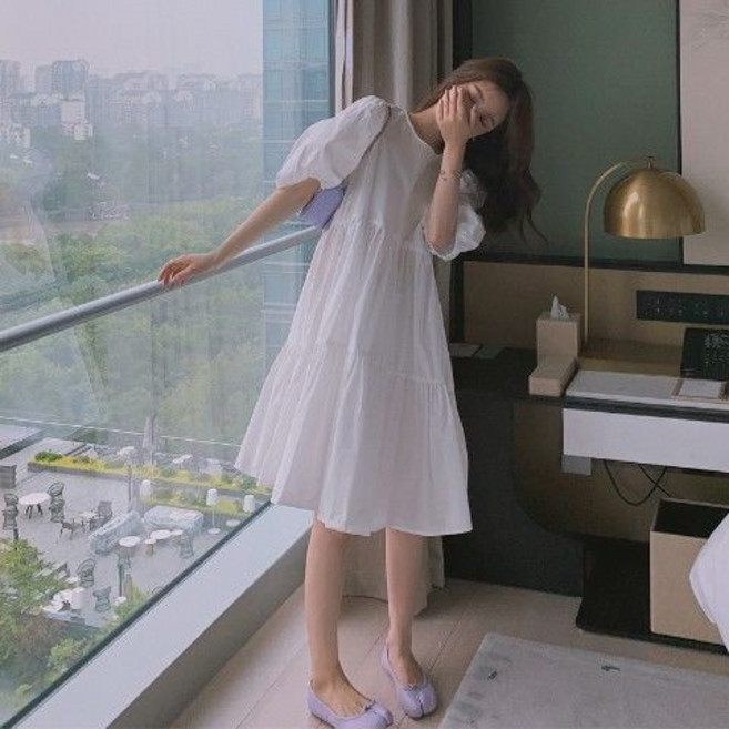 女裝大尺碼 顯瘦洋裝 短袖 寬鬆 遮肚 洋氣 甜美 桔梗裙 中長裙, 白色,2XL 【建議130-140斤】