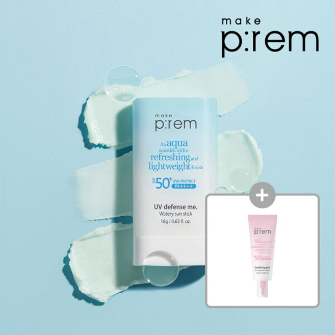 [메이크프렘] 유브이 디펜스 미 워터리 선스틱 18g [GIFT]랜덤 선크림 10ml, 1개