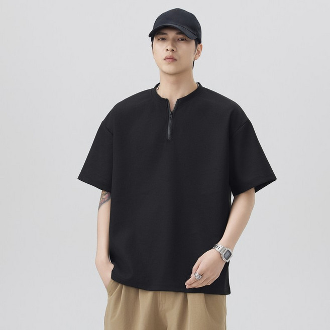 남성 반집업 반팔 오버핏 와플 빅사이즈 티셔츠티