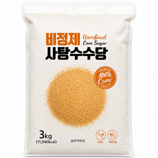 비정제원당 사탕수수 원당 지퍼백, 3kg, 1개
