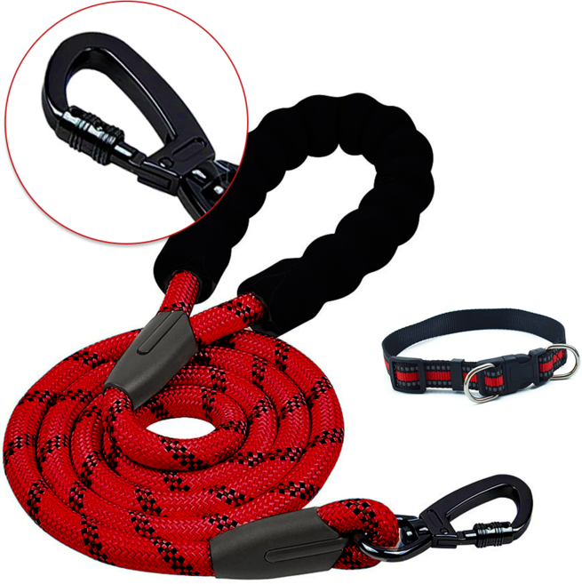 [애견 목줄 + 리드줄 세트] 고급 잠금 후크 고리 반려동물 애견 반려견 리드줄 목줄 세트 강아지 산책줄 중형견 대형견, 레드(1.5m), 1세트