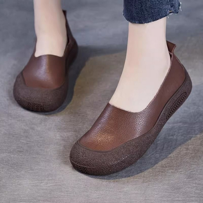 AOKADA 중년 여성 구두 슬립온 플랫슈스 가죽 발편한 단화