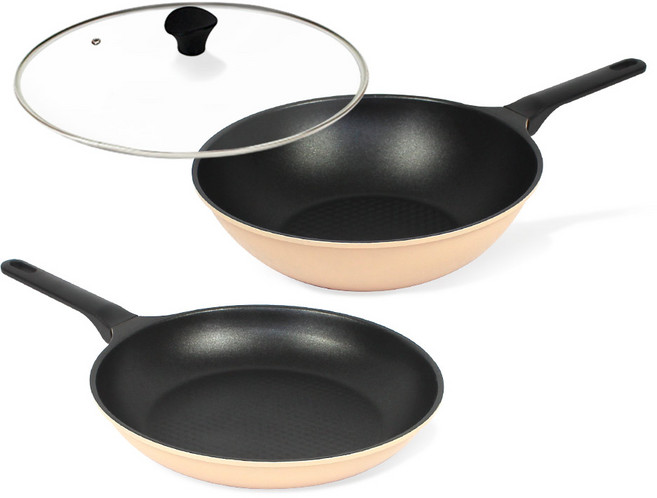 셰프리아 이지데이 셰프베이지 프라이팬 2종 + 유리뚜껑 세트, 1세트, 프라이팬30cm + 궁중팬30cm + 유리뚜껑30cm, 베이지