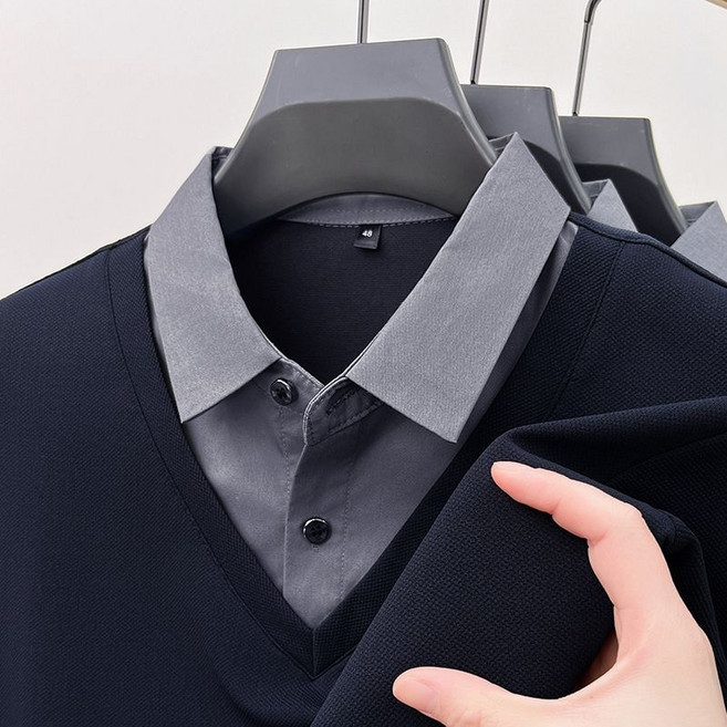 봄 가을 남성 레이어드 셔츠 캐주얼 페이크 투피스 셔츠넥 긴팔 니트 패션 남자 니트티 긴소매 상의 YJW