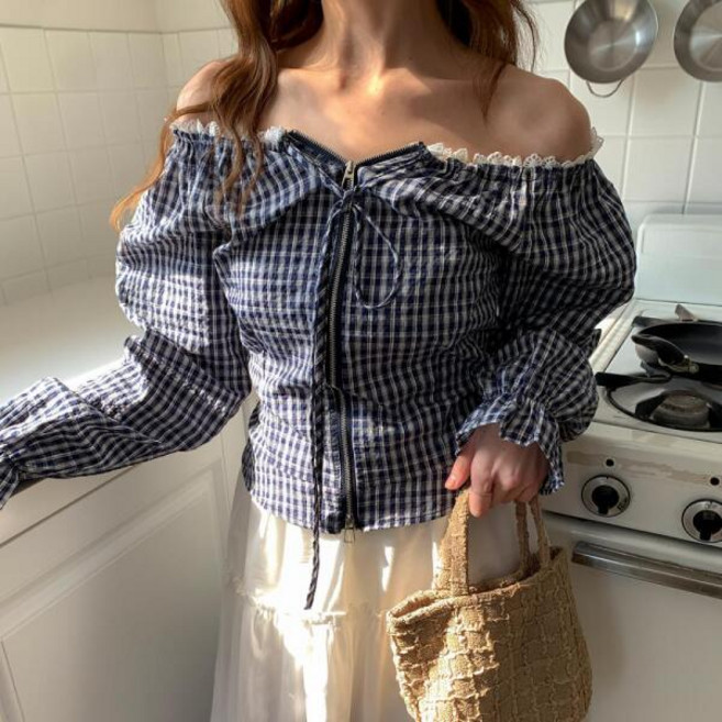 아트박스/신상오픈런 여성용 체크 패턴 오프숄더 긴팔 여름 루즈핏