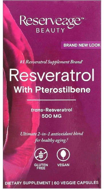 리저브에이지 레스베라트롤 500mg 프테로스틸벤 & 액티브 트랜스 베지 캡슐 글루텐 프리 비건, 60정, 1개 - 쿠팡