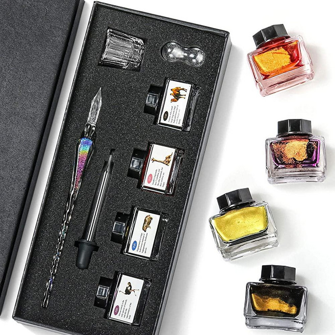 ESSSHOP 핸드메이드 글래스 딥드 펜/잉크 세트 15ml 컬러 잉크/펜 홀더/클리닝 컵/잉크 드립 툴/크리스탈 시그니처 딥 펜 아트/라이팅/시그니처/캘리그라피 발렌타인데이, ESSSHOP 핸드메이드 글래스 딥드 펜/잉크 세트,