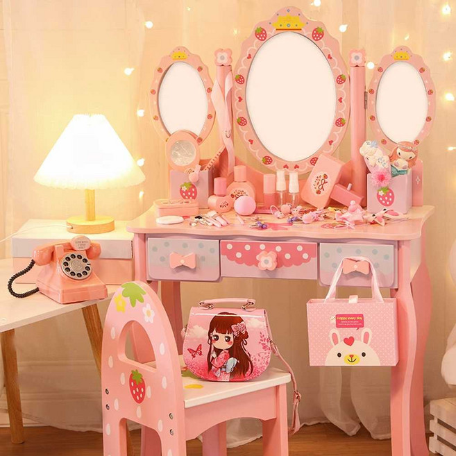 유아화장대 화장놀이 상황극 거울 공주 뷰티 테이블, 왕관 화장대 + 의자