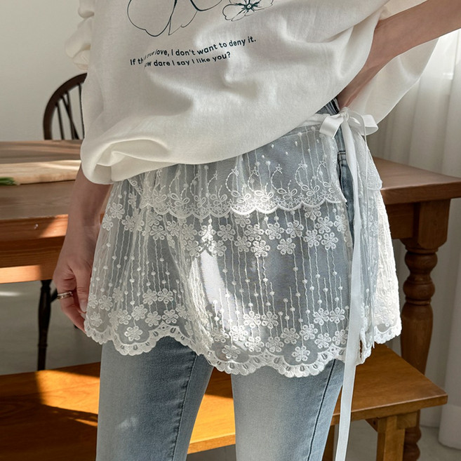 데일리앤 시스루 프릴 맨투맨 레이스 레이어드 스커트 밴딩 랩 봄 여름 가을 사계절