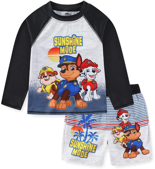 Paw Patrol Nickelodeon Chase Marshall Rubble 남아용 UPF 50+ 래쉬가드 및 수영 트렁크 수영복 세트 유아 큰 아동용 블랙/그레이 161