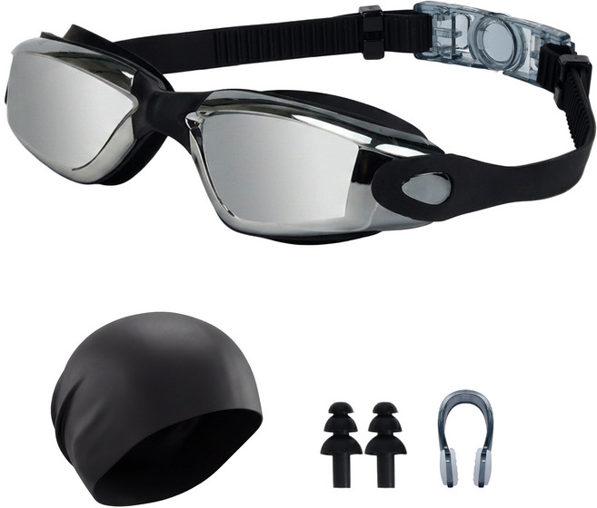 Olivet 편안한 인체공학 패킹 미러코팅 김서림방지 물안경 수경, 1개, 은도금