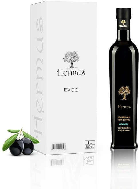 Hermus - Ayvalik 유기농 냉압착 엑스트라 버진 올리브 오일 폴리페놀 리치 손으로 조기 수확 터키산 EVOO 금메달 수상 유리병 499.8ml(16.6온스) 500, 1개, 500ml - 쿠팡