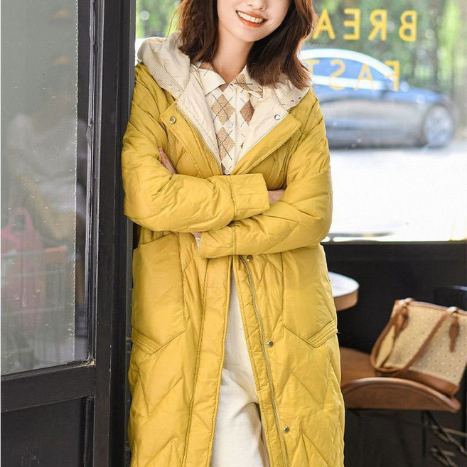 여성 니트후드 배색 레이어드 누빔 퀼팅 오리털 롱 패딩