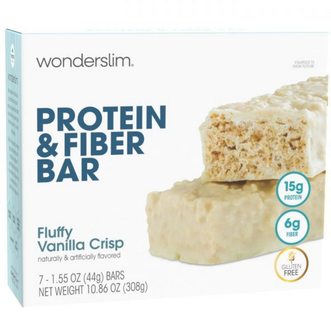 WonderSlim 에너지바 원더슬림 하이파이버 프로틴 바 플러피 스모어 크리스프 15g 단백질 8g 섬유질 저당 저탄수화물 건강한 간식 포만감 제공 에너지 지원 및 이동 중, 폭신한 바닐라 크리스프, 1개