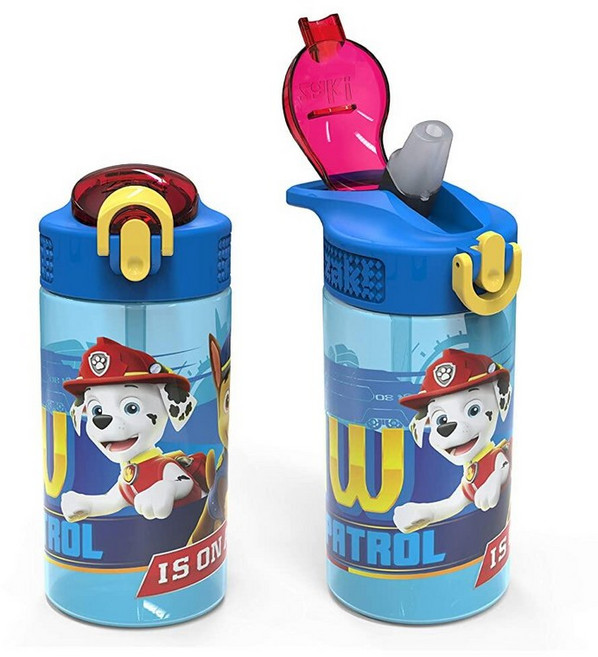 Zak Designs 디즈니 겨울왕국 2 아동용 물병 세트 재사용 가능한 빨대 및 내장된 휴대 플라스틱으로 제작 샘 방지 물병 디자인 (엘사 & 안나 473.2 ml, 퍼피 구조대 마샬 보틀 2팩, 1개