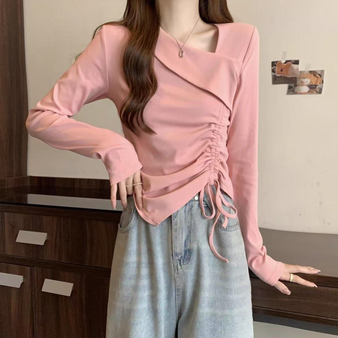 오스틱니 2026 NEW 여성 봄가을 날씬해 보이는 V넥 오픈 숄더 디자인 빅사이즈 트임 디자인 겨울 긴팔 티셔츠