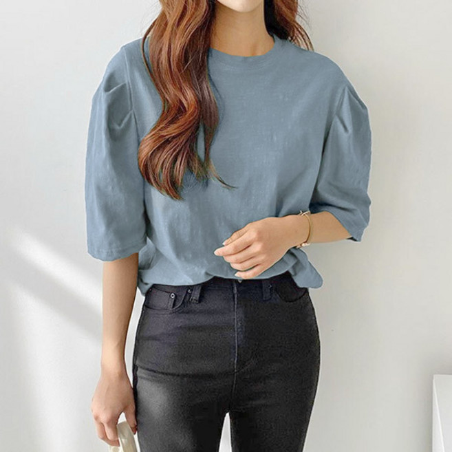 마이쏭 여성 루즈핏 셔링티 반팔티 빅사이즈 디앤슬라브퍼프소매티