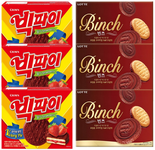 롯데 빈츠 204g +3 / 크라운 빅파이 딸기 216g +3, 1세트, 420g